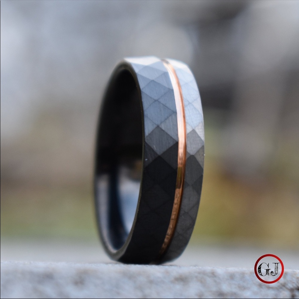 Hammered Tungsten Men’s Wedding Ring (Black, Silver, & Rose Gold Accent) - Picture 6 of 11